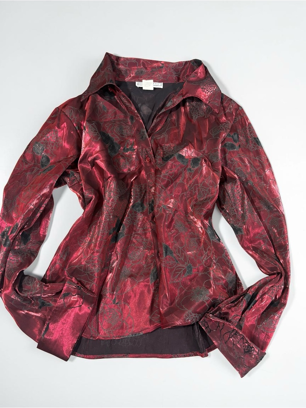 Vintage Dress Barn Red Glitter Floral Button Up Blouse Y2K Lizzie McGuire L